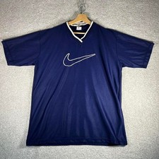 Vintage 90s Nike embroidered big swoosh navy blue soccer jersey Size XL