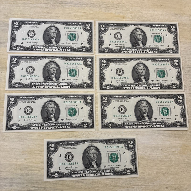 7 - 2017 A  $2  Two Dollar  Bills￼Uncirculated Consecutive Order NY B 81516891 A