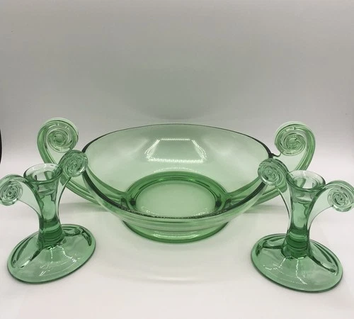 Fostoria Green Scroll Uranium Glass Console Bowl & Candlesticks Art Deco | Glows
