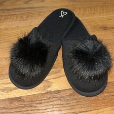 Victoria's Secret Black Velvet Pom Pom Slippers Women's Size M 7-8