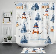 Winter Snowman Rustic Christmas Village Shower Curtain Bathroom Accessories Set