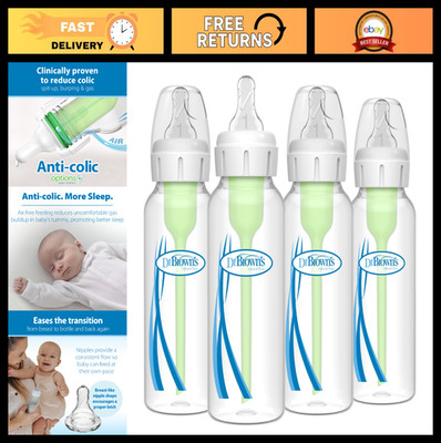 Anti-Colic Baby Bottles 8 oz with Slow Flow Nipples, 4 Pack, Narrow Design