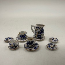 Unbranded Miniature Tea Set Blue Floral Porcelain Gold Trim 11 Piece Set