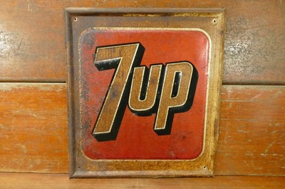 Vintage 1968 Original 7up Soda Embossed Stout Co Metal Advertising Sign