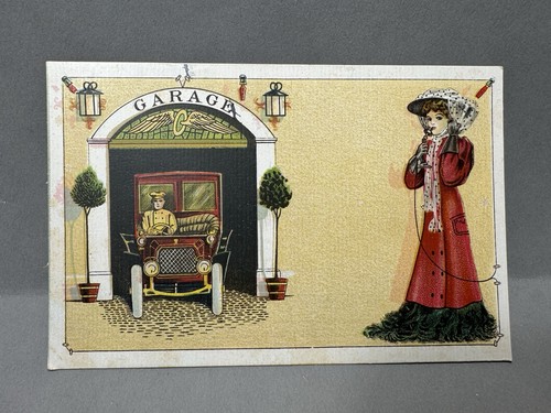 Carte postale Art Nouveau, P Schmidt n°48, femme appelant chauffeur voiture dans garage - Photo 1/5