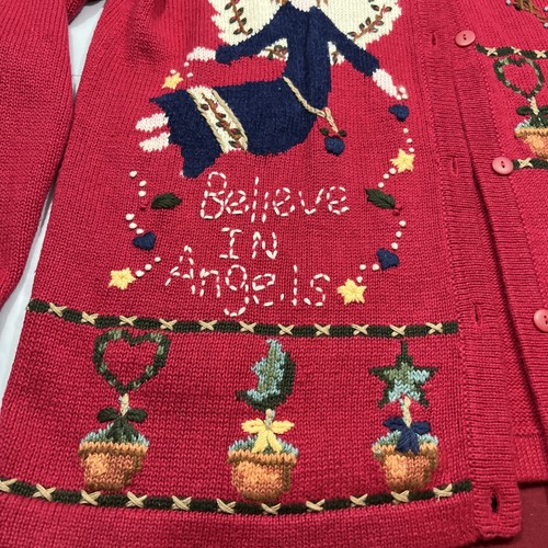 The Quacker Factory Red ANGELS  CHRISTMAS Knit Cardigan button Sweater Womens Lg - Picture 2 of 16