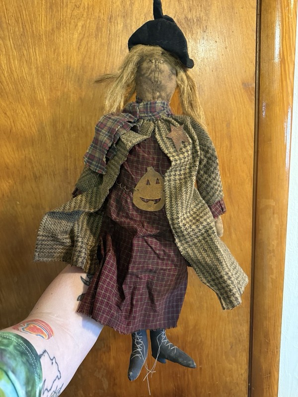 Primitive Handmade Scarecrow Witch Doll Folk Art Naive New Halloween Pumpkin