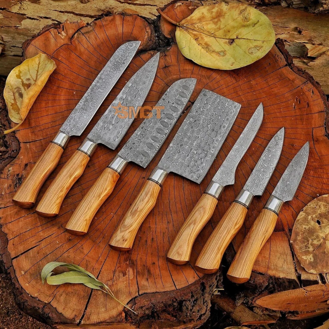 Handmade Damascus Steel Chef Knife Set, Damascus Steel Raindrop Chef Set
