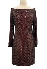 Dress The Population Malia Stripe Sequin Mini Dress Sz MD Bodycon LS Brown