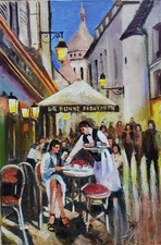 YARY DLUHOS Paris Sidewalk Cafe Montmartre France People Original Oil Painting
