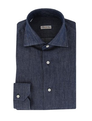 $600 Fiori Di Lusso Dark Blue Solid Cotton Shirt - Full - (FL715265)