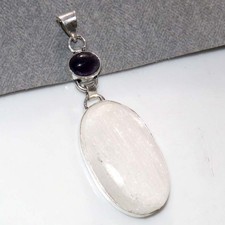 Long Selenite Natural Amethyst 925 Silver Plated Pendant 2.6