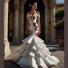 Elegant Mermaid WeddingDress Ruffles Tiered White/Red Bridal Reception Prom Gown