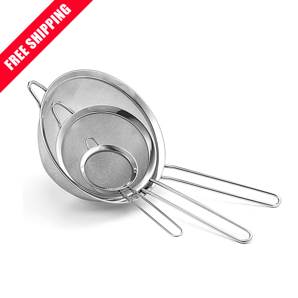3pcs Stainless Steel Fine Mesh Strainer with Handle - For Sifting & Sieving