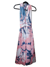 ​Shein Womens M Pink Blue White Tie Dye Halter Neck Open Back Smocked Maxi Dress