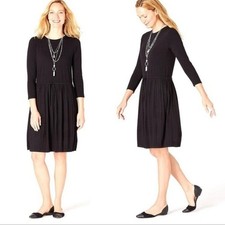 NWT J. Jill Black Pleated Drawstring-Waist Knit Dress 3/4 Sleeve Stretch Knit