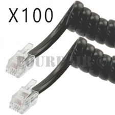 100 Pack Lot - 15ft Telephone Handset Receiver Cord Phone Coil Cable 4P4C Black