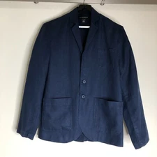 Saks Fifth Avenue Sz XL Dark Blue Linen Blazer 2 Button Relaxed Jacket Pockets