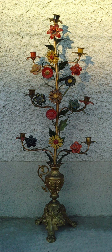 ancien candelabre eglise fleurs laiton bougeoirs chandelier  - Photo 3/4