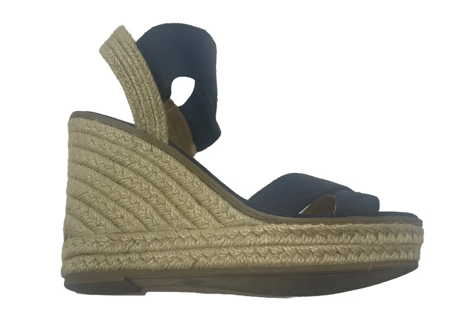 Sandálias anabela Merona Espadrille sapatos femininos 7,5 alças azul marinho tecido de palha bronzeado - Imagem 3 de 4