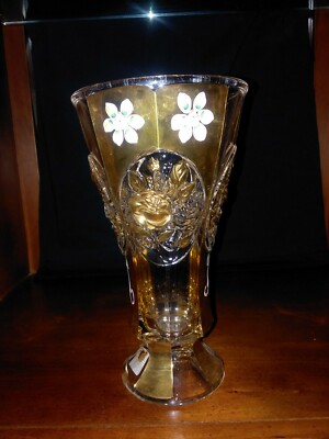 Bohemian Crystal Vase. Mint Cond. New. Hand Painted in gold. Enameled flowers .