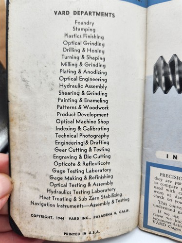 1944 Vard Gages Uses & Care Machine Shop Techniques Specs Tables Pasadena, CA WW - Picture 3 of 9