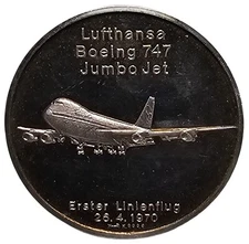 1970 Lufthansa Boeing 747 Jumbo Jet .999 Silver Proof Medal # 1123