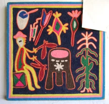 Vibrant Huichol Indian Yarn Painting Fertility Scene - one of a kind