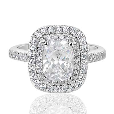 Suzy Levian Sterling Silver Cushion Cut White CZ Double Halo Bridal Ring