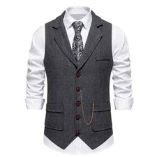 Men's Retro Lapel Chain Vest Fashion Herringbone Coarse Tweed Pockets Suit Vest
