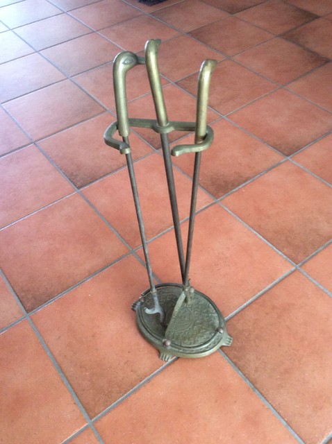 Vintage Polished Brass 5 Piece Fireplace Tool Set Duck Head 30