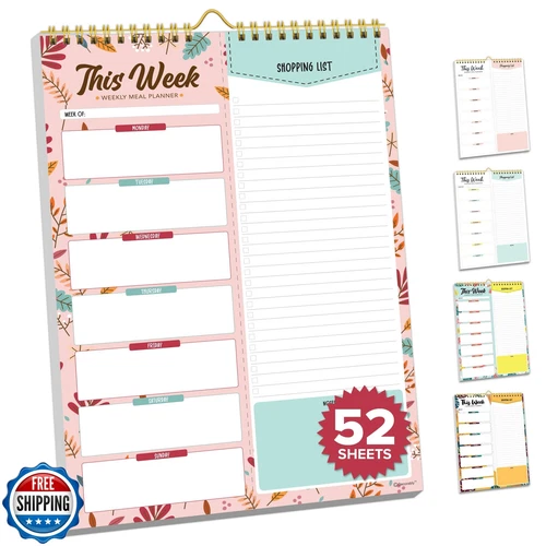 Decorably 52 Sheets Floral Pink Undated Magnetic Weekly Meal Planner and Groc