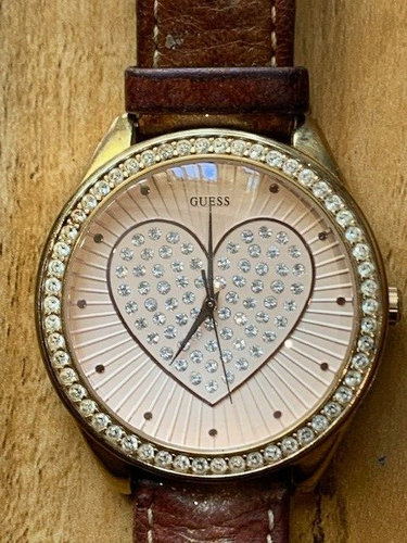 Exquisite Guess 95380L Heart Diamante Dial Ladies Leather Watch - 45mm-Works