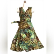 Jones New York Wrap Colorful Stone Tile Print Green Summer Dress Size 14