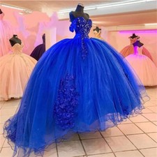 Royal Blue Quinceanera Dresses Lace Beaded Sweet 16 Ball Gown Off Shoulder