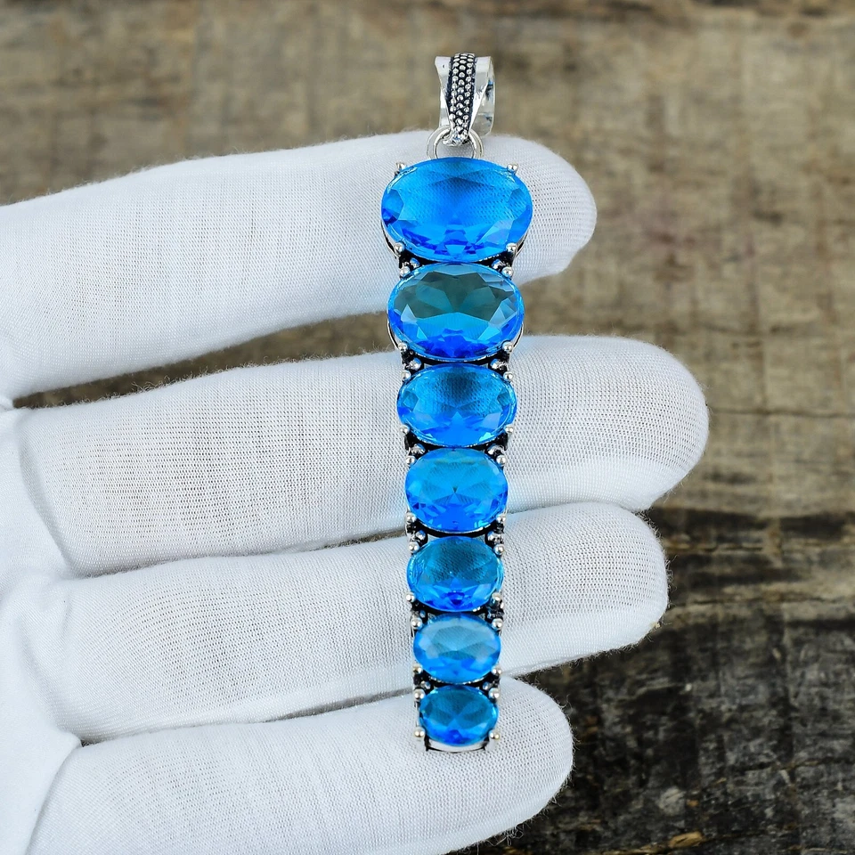 Topazio Blu Gemma Fatto a Mano 925 Pendente Argento Sterling Per Mamma Regali - Immagine 2 di 4