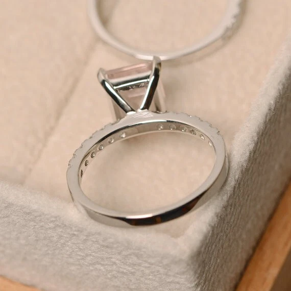 Juego de alianzas de boda de diamantes morganita natural corte esmeralda de 2,90 quilates platino 950 7 8 Foto 4 de 4