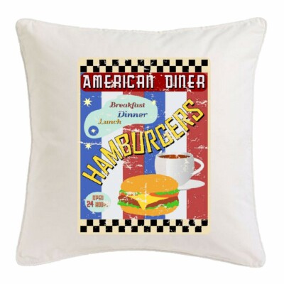 KISSENBEZUG 40X40cm AMERICAN DINER HAMBURGER CHEESEBURGER KAFFEE SALAT FRÜHSTÜCK