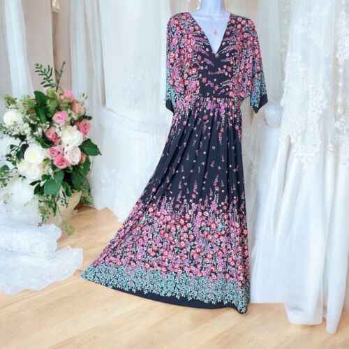 East Adeline Garden Fairy/Whimsical/Black Floral V Neck Slinky Maxi Dress 1X