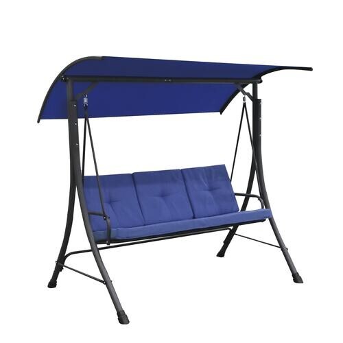 3 Seater Blue Patio Cushioned Swing Adjustable Canopy Steel Frame Outdoor Bench eBay