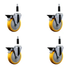 5 Inch Yellow Poly Swivel 7/8 Inch Expanding Stem Caster Set with Brake SCC