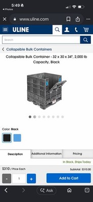 Collapsible Bulk Container - 32 × 30 × 34'', 2,000 Ib Capacity, Black
