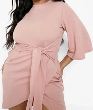 Boohoo Pink Tie Waist Mini Dress Flared 3/4 Sleeve Knit Size 16 Plus