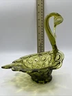 Vintage Murano Italy Glass Bullseye Olive Green Swan Candy Dish