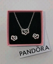 Authentic Pandora Sparkling Infinity Heart Collier Necklace & Earrings Gift Set 