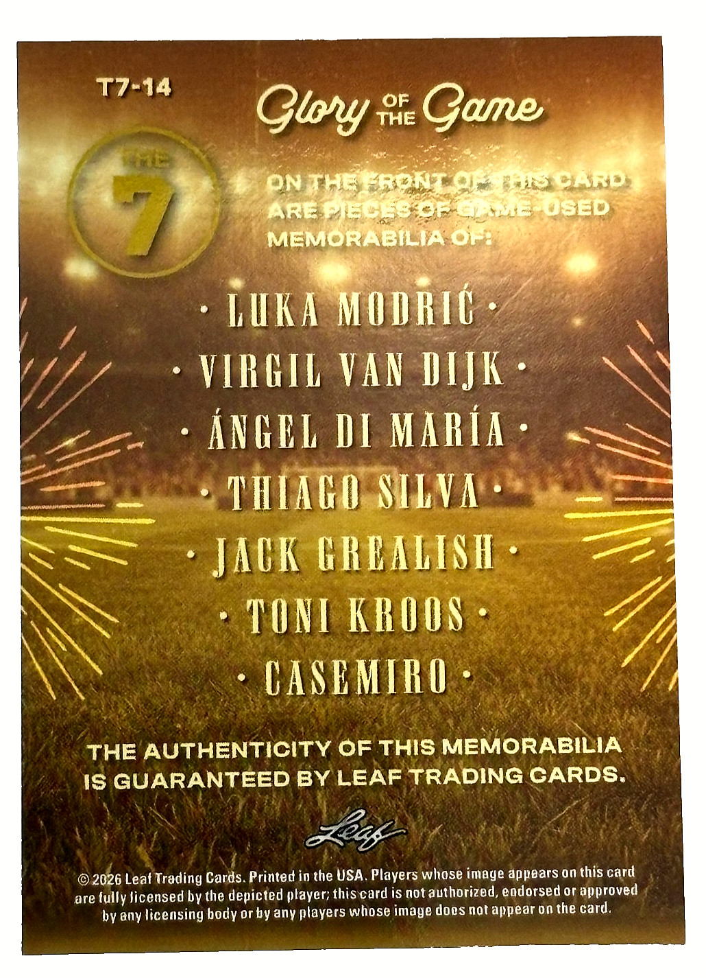 2026 Leaf Glory Of The Game The 7 Match Worn 1/1 Modric Van Dijk Di Maria Silva view 2
