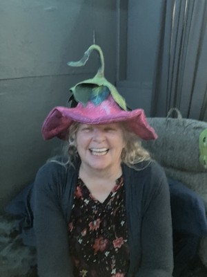 Whimsical Pink Flower Petal Hat with Green Stem Leaf Festival Cosplay Costume