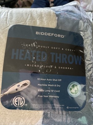 BIDDEFORD Microplush Heated Throw Electric Blanket Digital Controller 50x62 Blue