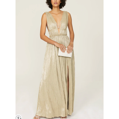 Jonathan Simkhai Gold Plisse Maxi Dress SIZE 6 Plunging Goddess Gown $800 |  eBay