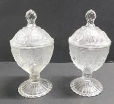 Set Of 2 Pedestal Grape Pattern Clear Glass Candy Dish With Lid